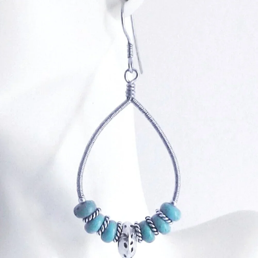 Turquoise Wire Wrapped Teardrop Hoop Earrings - Picture 2 of 3